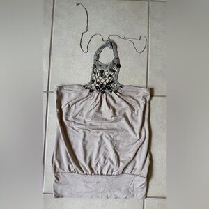 Arden B Women’s Sz M Cream Stretch Sleeveless Crochet Detail Halter Top